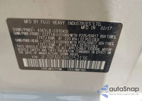 2017 Subaru Crosstrek 2.0I Premium from USA, damaged, VIN JF2GPABC6HG252136